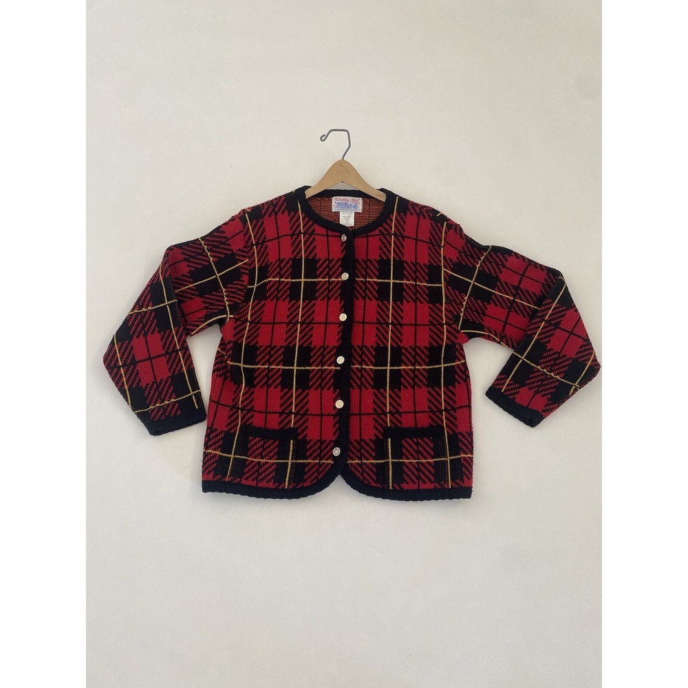 Tally Ho Vintage Large L Red Black Tartan Plaid Silver Buttons Cardigan Sweater
